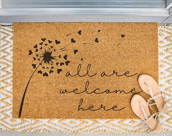 Dandelion All Are Welcome Here Doormat / Welcome Mat / Spring Door Mat / Inclusivity / Mi Casa Su Casa / Heart / Flower / Summer