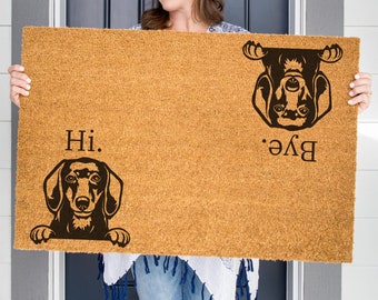 Hi Bye Dachshund Dog Doormat, Housewarming Gift, Welcome Door Mat, Personalized Custom Doormat, New Home Gift, Wedding Gift, Dachshund Gift