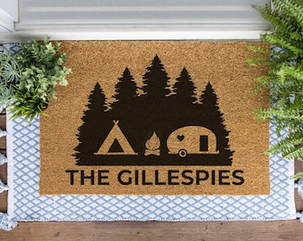 Camper and Tent on Trees Doormat, Custom Welcome Mat, Personalized Door Mat, Camping Doormat, Tenting Doormat, Outdoorsman Gift, RV Doormat