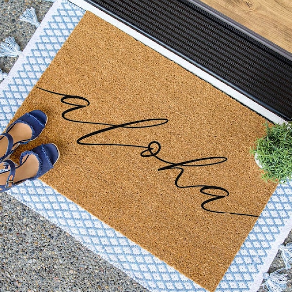 Aloha Rectangular Natural Coco Coir Door Mat with No Slip Backing, Natural/Black Front Door Mat, Front Entrance Hawaii Welcome Doormat