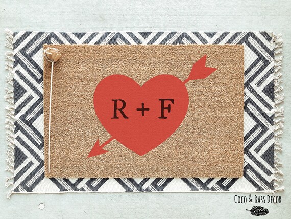 Cupid Heart With Initials Doormat Welcome Mat Valentines Etsy