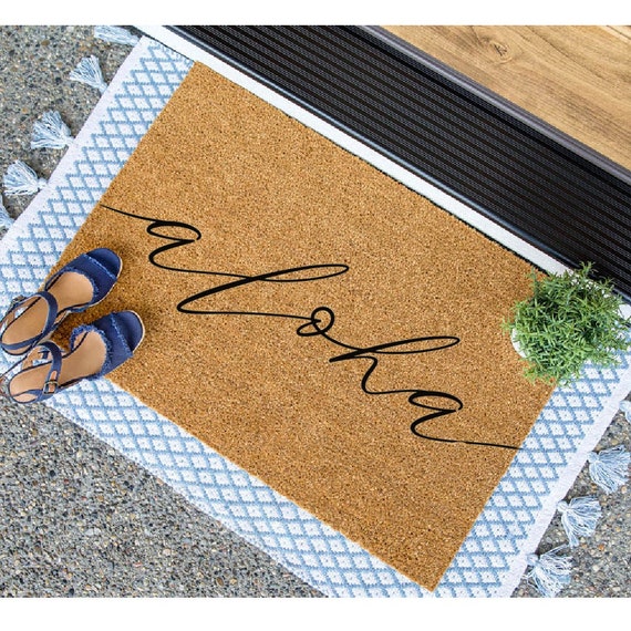 Aloha Rectangular Natural Coco Coir Door Mat With No Slip Backing, Natural/black  Front Door Mat, Front Entrance Hawaii Welcome Doormat 