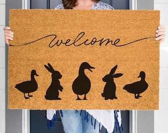 Animal Welcome Doormat, Spring Doormat, Easter Welcome Mat, Cute Door Mat, Farm Decor, Spring Welcome Mats, Rabbit Decor, Duck Decor,