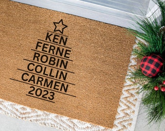 Felpudo con forma de árbol de Navidad familiar, felpudo navideño personalizado, regalo navideño, decoración navideña, felpudo navideño bonito, felpudo personalizado