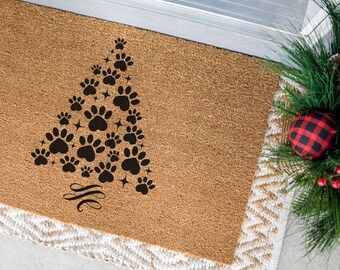 Paw Christmas Tree Doormat, Paw Print Door Mat, Holiday Gift, Holiday Decor, Christmas Decor, Cute Christmas Door Mat, Furparents Gift