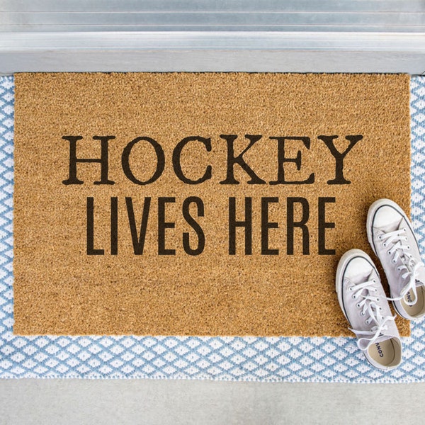 Hockey Lives Here Doormat / Hockey Doormat / Welcome Mat / Funny / Canadian / NHL / Gift for Him / Gift for Dad / Fathers Day / Coach Gift