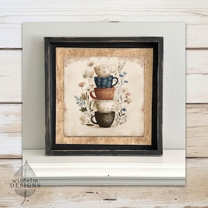 Vintage Coffee Wall Art Print – Shabby Chic Tea Cups Print Kitchen Artwork Neutral Floral Teapot Bakery Accents Cafe Decor Framed Art