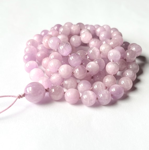 High Grade Kunzite Mala Necklace, 108 Mala Beads, Chayoyant Kunzite, High Frequency, Prayer Beads, Meditation Mala, Yoga Beads, Healing