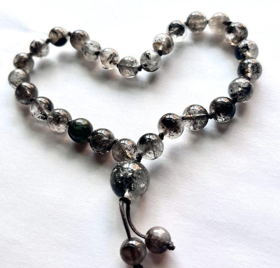 Herkimer Diamond Mini Pocket Mala, High Frequency, 27 Mala Beads, Prayer Beads, Black Anthraxolite, Meditation, Yoga, Mantra Counting
