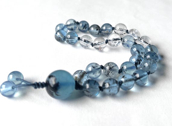 Rare! Premium Aquamarine Mini Pocket Mala, Devil Blue Aquamarine, Satyaloka Quartz, Transparent, Prayer Beads, Meditation, 27 Beads Mala