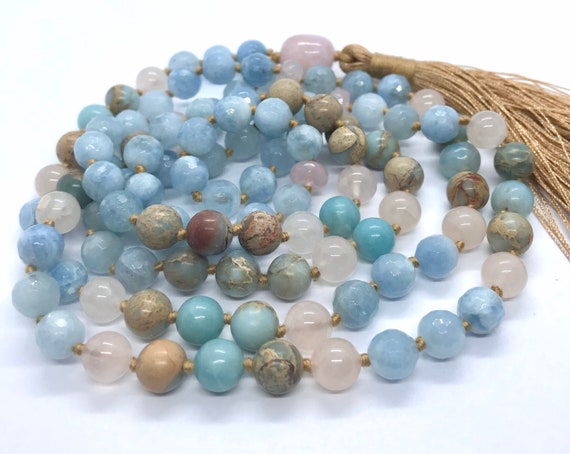 On Sale! Faceted Aquamarine, Morganite Mala Necklace, Rose Quartz,Amazonite, 108 Mala Beads, Meditation Mala, Japa Mala, Prayer Beads