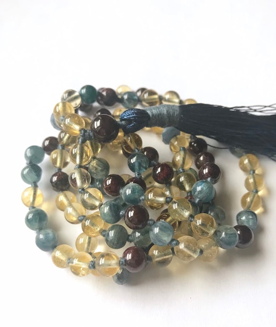 Kyanite Citrine Mala Necklace, 108 Mala Bead, Garnet, Meditation Mala, Yoga Jewelry, Chakra Mala, Buddhist Mala Prayer Beads