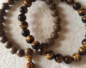 Tiger's Eye Wrist Mala Set, Mala Bracelet, Yoga Meditation Wrist Mala, Buddhist Bracelet, Prayer Beads, Tibetan Wrist Mala,