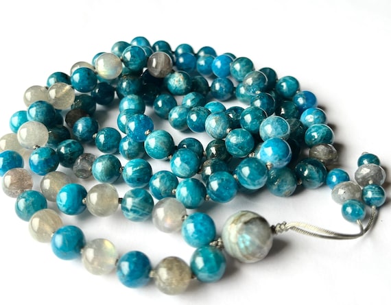Apatite AAA Labradorite Mala Necklace, 108 Mala Beads, Meditation Mala, Yoga Jewelry, Buddhist Mala Prayer Bead, Japa Mala, Chakra Mala