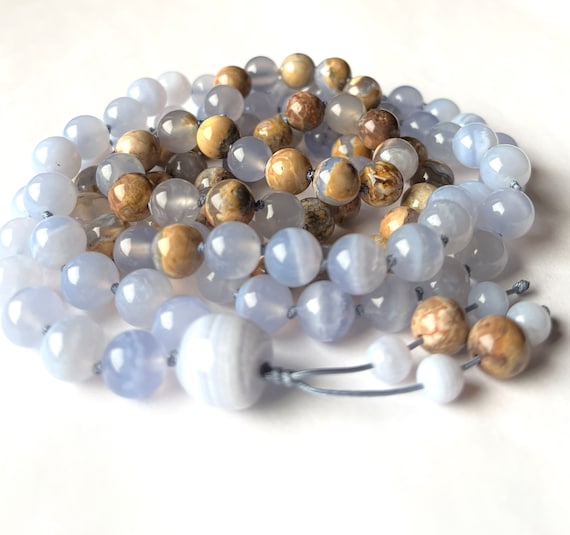 Blue Lace agate Mala Necklace, 108 Mala Beads, Blue Chalcedony, Natural  Untreated, Prayer Beads, Meditation Mala, Yoga beads, Japa Mala