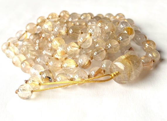 5A Rutilated Quartz Mala Necklace, Rutile in Quartz, 108 Mala  Beads, Meditation Mala , Yoga Mala, Prayer Beads, High Frequency, Japa Mala