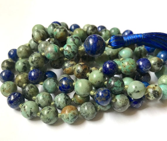 On Sale! African Turquoise Lapis Lazuli Mala Necklace, 108 Mala Beads, Meditation Mala, Yoga Jewelry, Buddhist Mala Prayer Beads, Japa Mala,