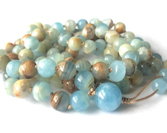 Lemurian Aquatine Calcite Mala Necklace, Aquamarine, Mala Beads, Meditation Mala, Chakra Healing, Yoga Mala, Prayer Beads, Japa Mala