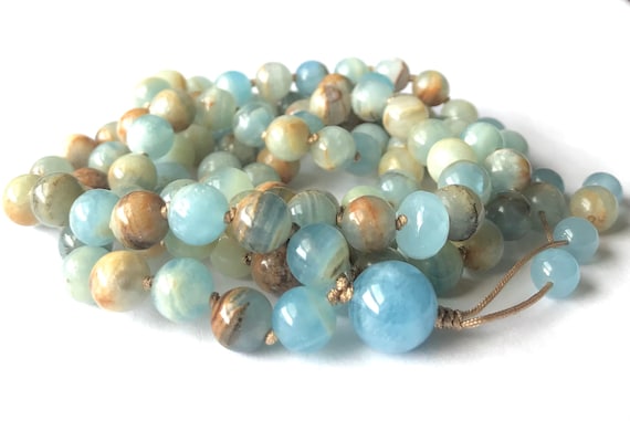 Lemurian Aquatine Calcite Mala Necklace, Aquamarine, Mala Beads, Meditation Mala, Chakra Healing, Yoga Mala, Prayer Beads, Japa Mala