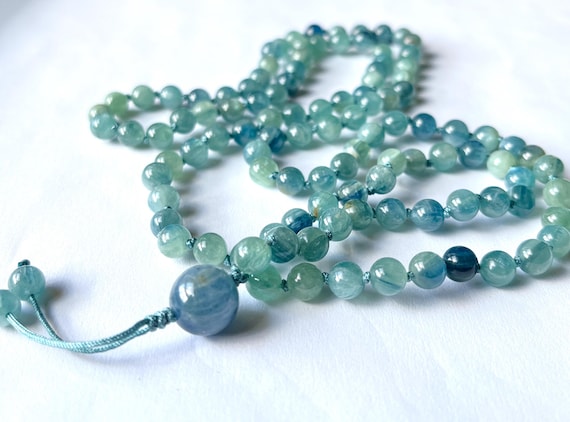 Rare! Blue Green Kyanite Mala Necklace, 108 Mala Beads, Bicolor Kyanite, Meditation Mala, Yoga Jewelry, Prayer Beads, High Frequency Mala