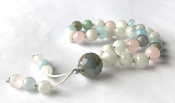 AAA Rainbow Moonstone  Labradorite Mini Pocket Mala, Aquamarine, Rose Quartz, Meditation Mala, Yoga Jewelry, Prayer Beads