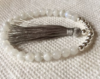 Moonstone Sterling Silver Tassel Wrist Mala, Mala Bracelet, Meditation Mala Beads, Yoga Jewelry, Chakra Healing Bracelet