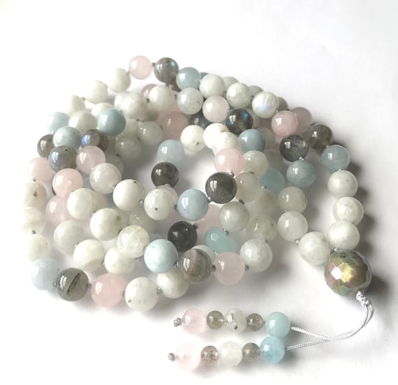 AAA Rainbow Moonstone Labradorite Mala Necklace, Aquamarine, Madagascar Rose Quartz, 108 Mala Beads, Meditation Mala,  Prayer Beads