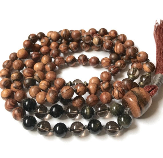 Tiger Ebony Wood Mala Necklace, Obsidian, 108 Mala Beads, Meditation Mala Beads, Yoga Jewelry. Mantra Mala, Buddhist Mala Prayer Beads, Japa