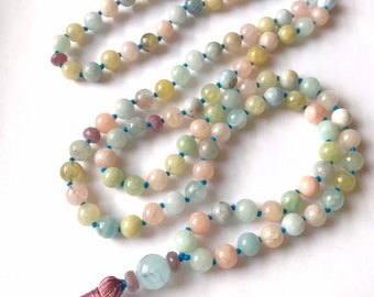 Morganite Aquamarine Beryl Mala Necklace, 108 Mala Beads, Meditation Mala, Yoga Mala, Chakra Mala, Buddhist Mala, Prayer Bead, Japa Mala