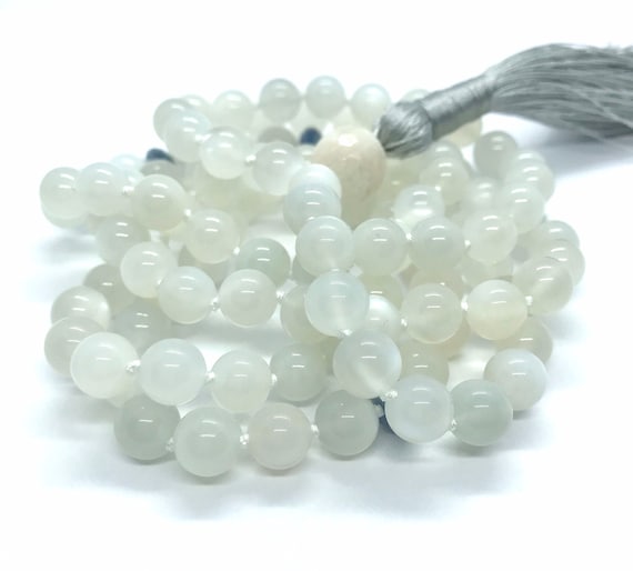 White Flash Milky Moonstone Mala Necklace, 108 Mala Beads, Meditation Mala, Yoga Jewelry, Prayer Beads, Japa Mala, Chakra Healing Mala
