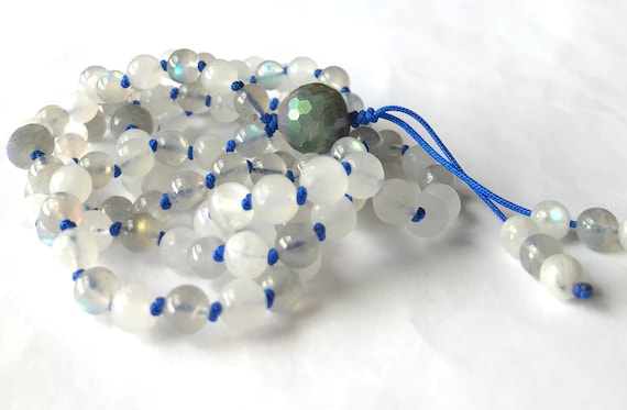 AAA Labradorite Mala Necklace, 108 Mala Beads, AAA Rainbow Moonstone, Meditation Mala, Yoga Jewelry, Prayer Beads, Chakra Healing