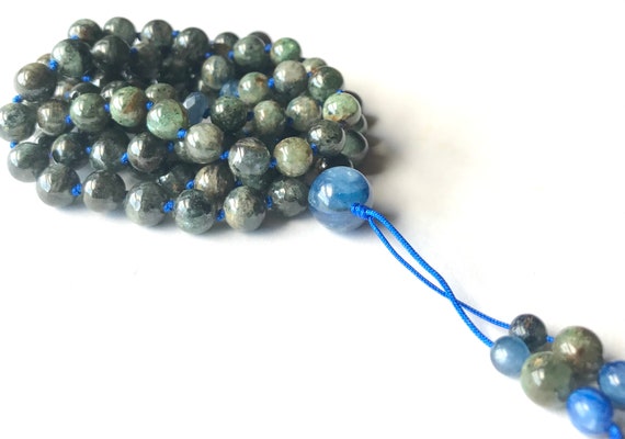 Rare Dark Green Kyanite Mala Neck, 108 Mala Bead, Yoga Jewelry, Meditation Mala, Natural Untreated, Crystal Healing, Prayer Beads, Japa Mala