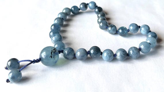 Rare! Natural Devil Blue Aquamarine Pocket Mala, Mini Pocket Mala, Biotite inclusions, 27 Mala Beads, Meditation Mala, Prayer Beads, Yoga