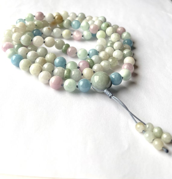 Grade A Burma Jadeite Mala Necklace, 108 Mala Beads, AAA Aquamarine, Kunzite, Meditation Mala, Yoga Jewelry, Prayer Beads, Chakra Mala