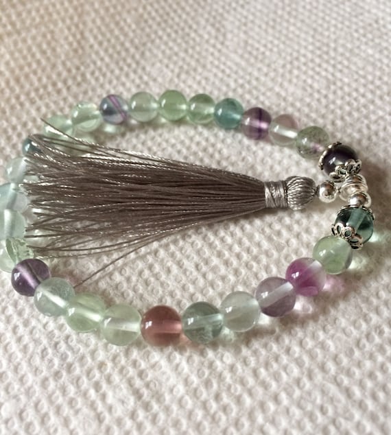 Rainbow Flourite Tassel Bracelet, Wrist Mala Beads, Sterling Silver, Meditation Bracelet, Yoga Jewelry, Chakra Healing Bracelet
