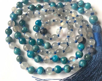 Apatite AAA Labradorite Mala Necklace, 108 Mala Beads, Meditation Mala, Yoga Jewelry, Buddhist Mala Prayer Beads, Chakra Mala, Japa Mala