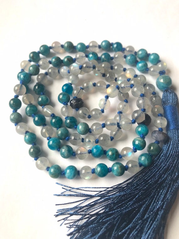 Apatite AAA Labradorite Mala Necklace, 108 Mala Beads, Meditation Mala, Yoga Jewelry, Buddhist Mala Prayer Beads, Chakra Mala, Japa Mala
