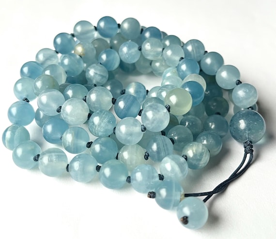Rare! AAA Blue Lemurian Aquatine Calcite,  Mala Necklace, 108 Mala Beads, Devil Blue Aquamarine, Prayer Beads, Meditation Mala, Mantra Mala