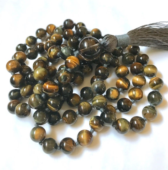 Tiger's Eye Mala Necklace, Smoky Quartz, 108 Mala Beads, Yoga Jewelry, Meditation Mala, Buddhist Mala, Prayer Beads, Japa Mala