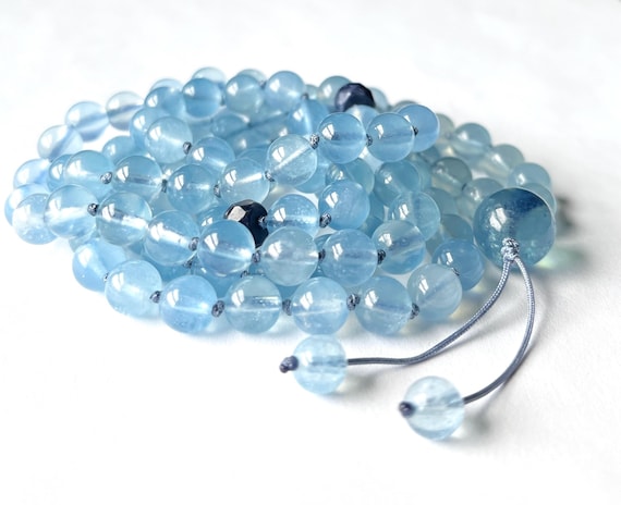 Rare! Premium Translucent Aquamarine Mala Necklace, Sapphire, 108 Mala Beads, Prayer Beads, Meditation Mala, Yoga Beads, Mantra Mala, Mantra