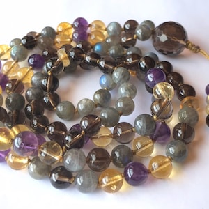 Labradorite Mala Necklace, Amethyst, Citrine, Smoky Quartz108 Mala Beads, Meditation Mala, Chakra Mala, Yoga Jewelry, Prayer Beads
