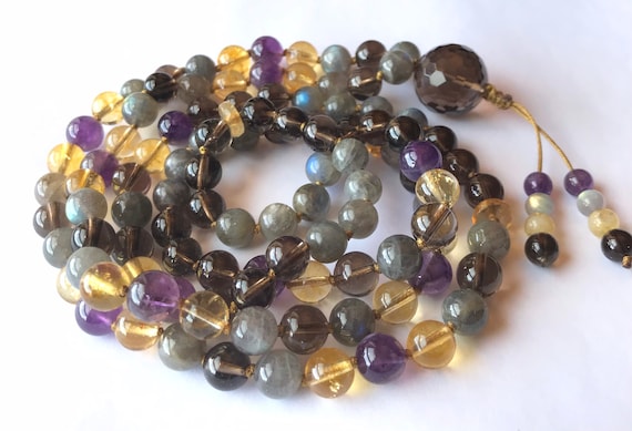 Labradorite Mala Necklace, Amethyst, Citrine, Smoky Quartz108 Mala Beads, Meditation Mala, Chakra Mala, Yoga Jewelry, Prayer Beads