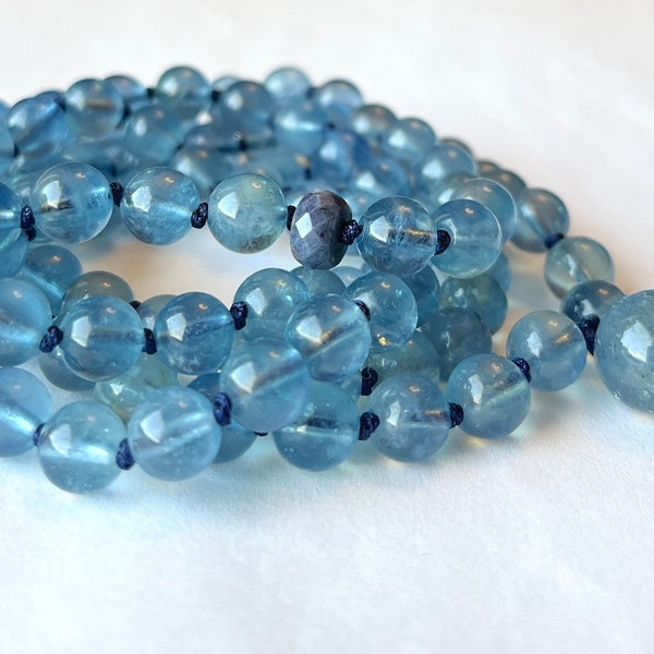 Premium Aquamarine Mala Necklace, Devil Blue Aquamarine, Transparent, Prayer Beads, 108 Mala Beads, Meditation Mala, Yoga Beads, Japa Mala