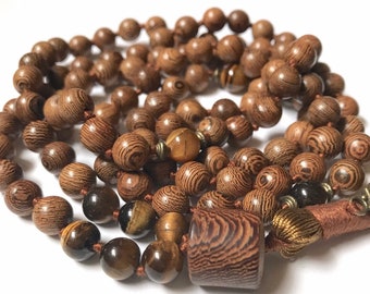 Tiger's Eye Wenge Wood Mala Necklace, 108 Mala Beads, Buddhist Mala Prayer Beads, Yoga Mala, Meditation Mala, Tibetan Mala, Japa Mala