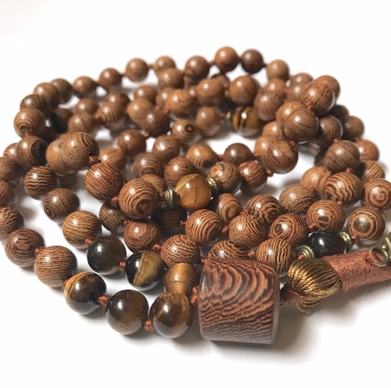 Tiger's Eye Wenge Wood Mala Necklace, 108 Mala Beads, Buddhist Mala Prayer Beads, Yoga Mala, Meditation Mala, Tibetan Mala, Japa Mala