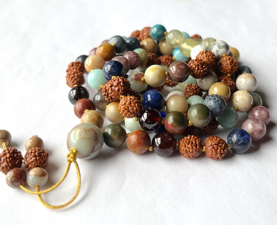 On Sale! Rudraksha Multi Semi Precious Stone Mala Necklace, 108 Malabeads, Prayer Beads, Meditation, Yoga, Purifying, Protection, Japa Mala