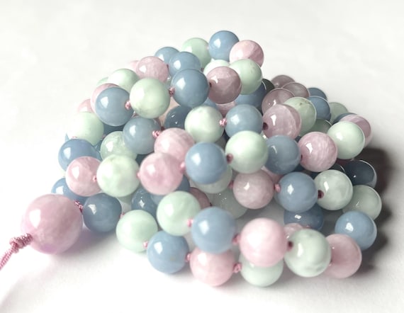 AAA Kunzite Mala Necklace, Angelite,108 Mala Beads, Meditation Mala, Prayer Beads, Yoga Necklace, Mantra Mala, Healing Mala, Japa Mala
