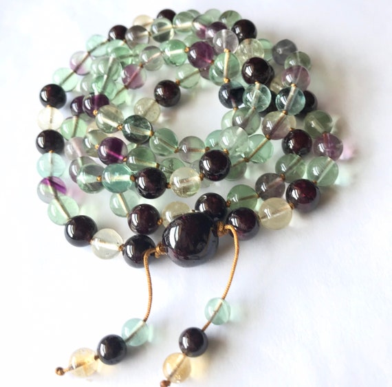 Rainbow Fluorite Mala Necklace, Citrine, Garnet, 108 Mala Beads, Meditation Mala, Yoga Mala, Chakra Mala, Japa Mala, Arua Cleansing