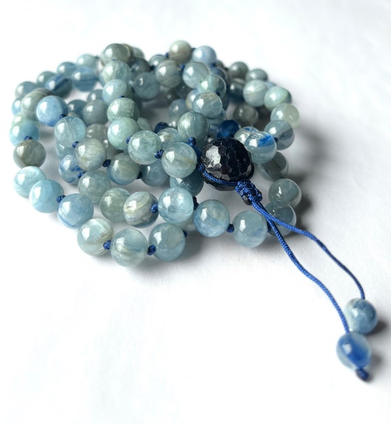 Natural Untreated Kyanite Mala Necklace, Sapphire, 108 Mala Beads, Meditation Mala, Yoga Jewelry, Prayer Beads, Chakra Mala, Japa Mala