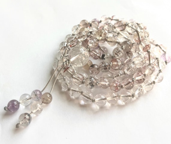 Satyaloka Quartz Super Seven 108 Bead Mala Necklace, High Frequency Meditation Yoga Beads